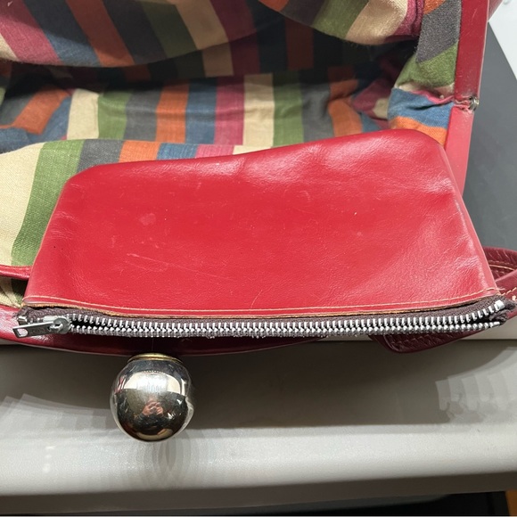 Vintage red leather ball clasp close purse canvas lined attach coin bag straps - Picture 5 of 16